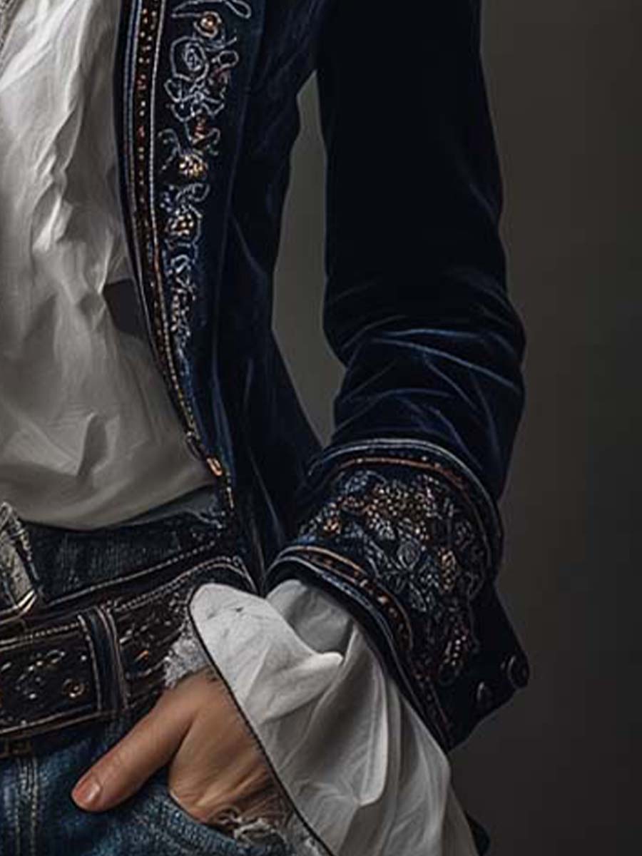 Federica | Giacca Lunga Vintage in Velluto Blu Navy con Ricami