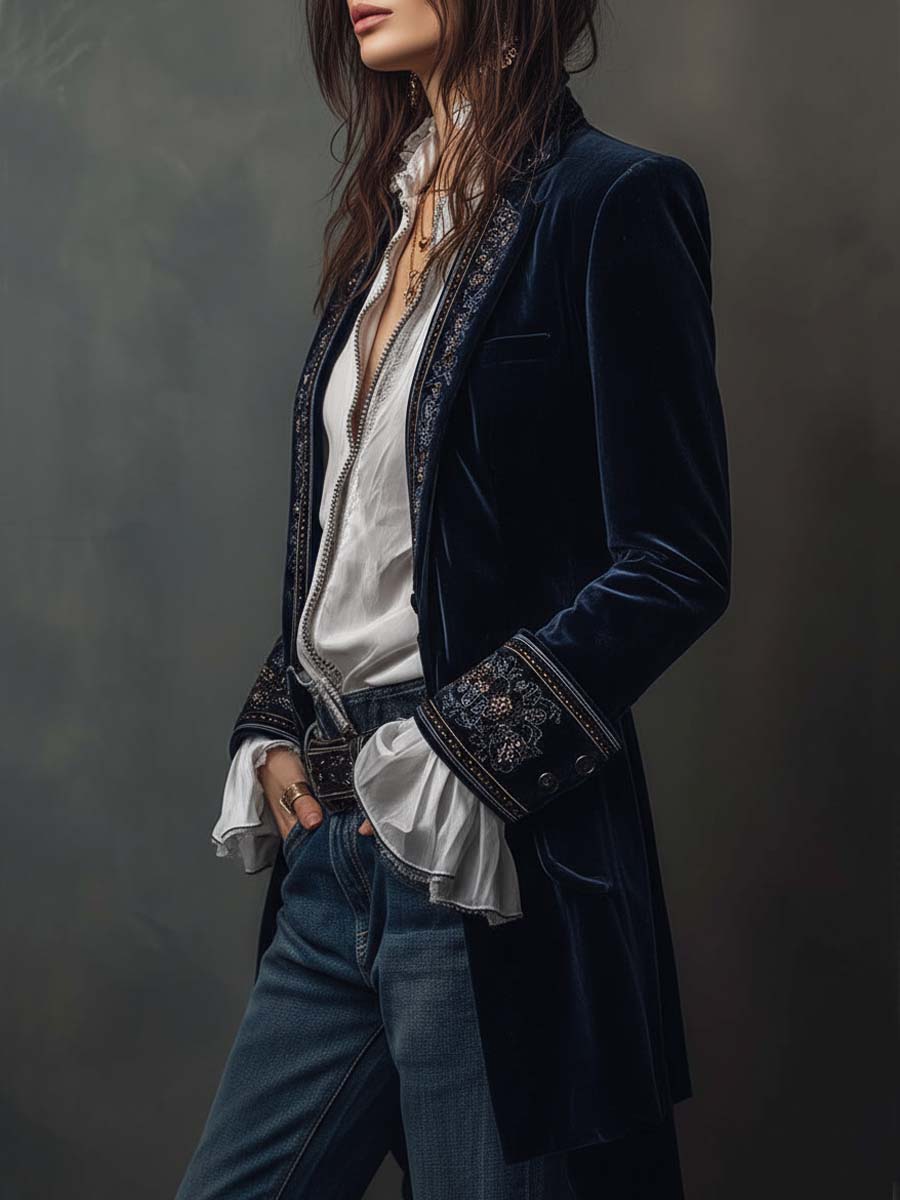 Federica | Giacca Lunga Vintage in Velluto Blu Navy con Ricami