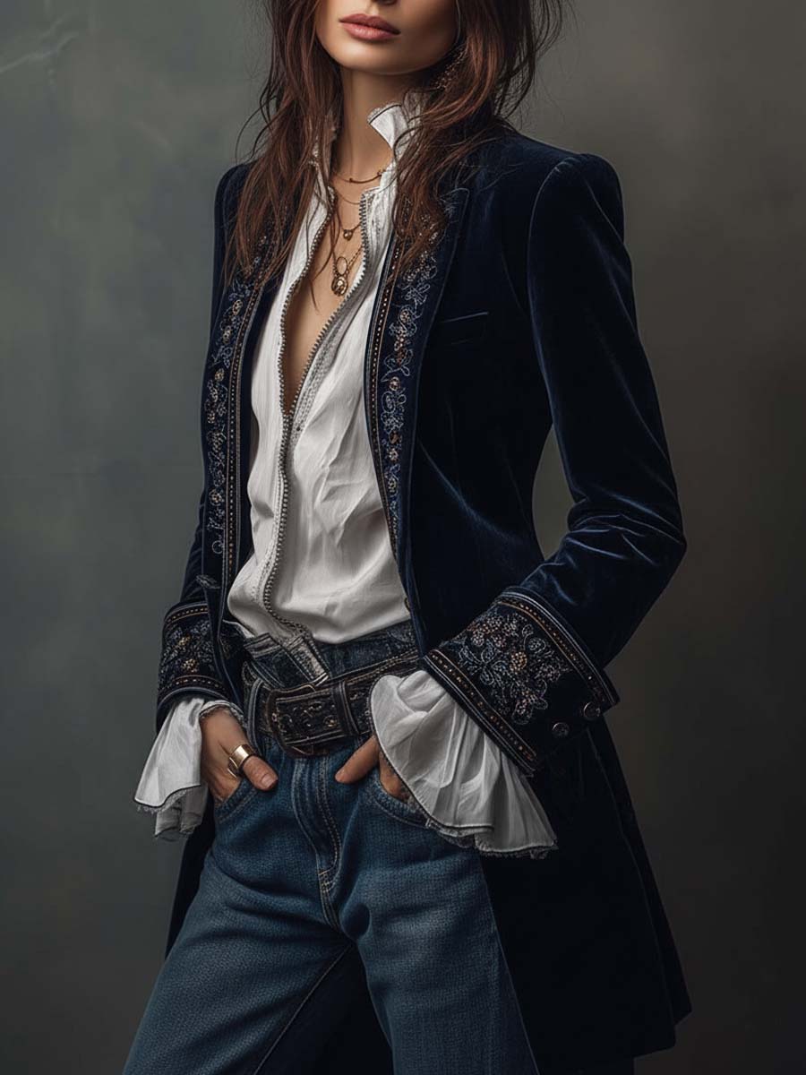 Federica | Giacca Lunga Vintage in Velluto Blu Navy con Ricami