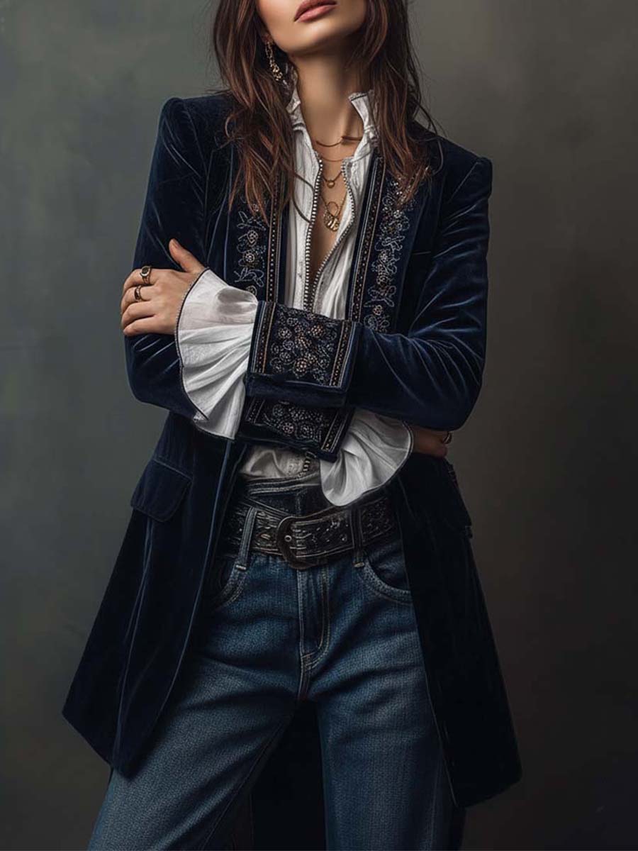 Federica | Giacca Lunga Vintage in Velluto Blu Navy con Ricami
