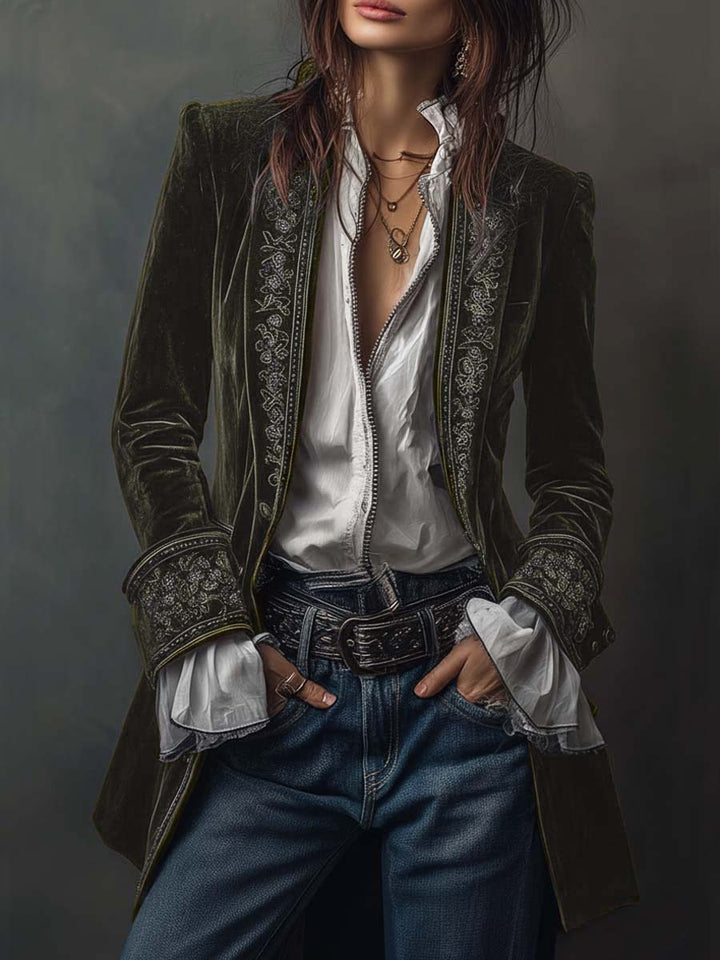 Federica | Giacca Lunga Vintage in Velluto Blu Navy con Ricami