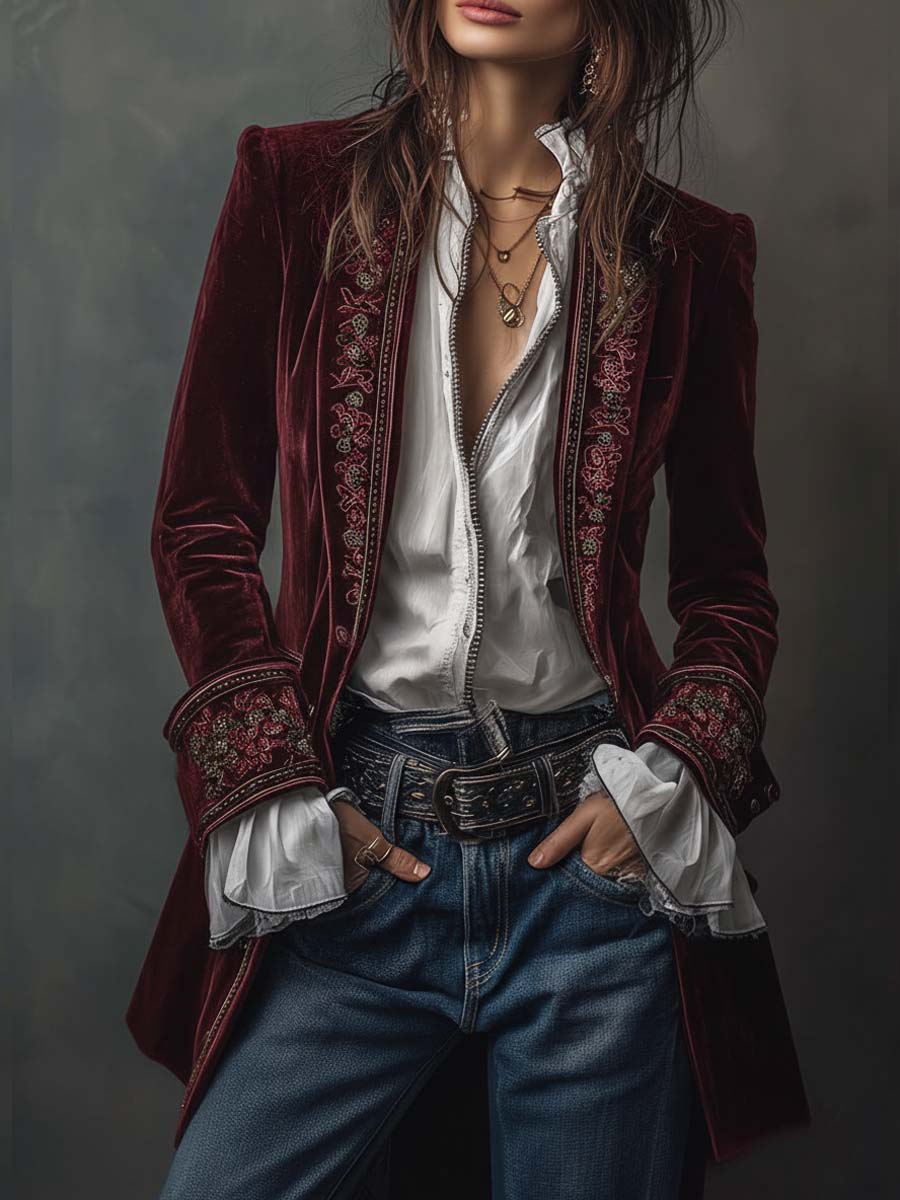 Federica | Giacca Lunga Vintage in Velluto Blu Navy con Ricami