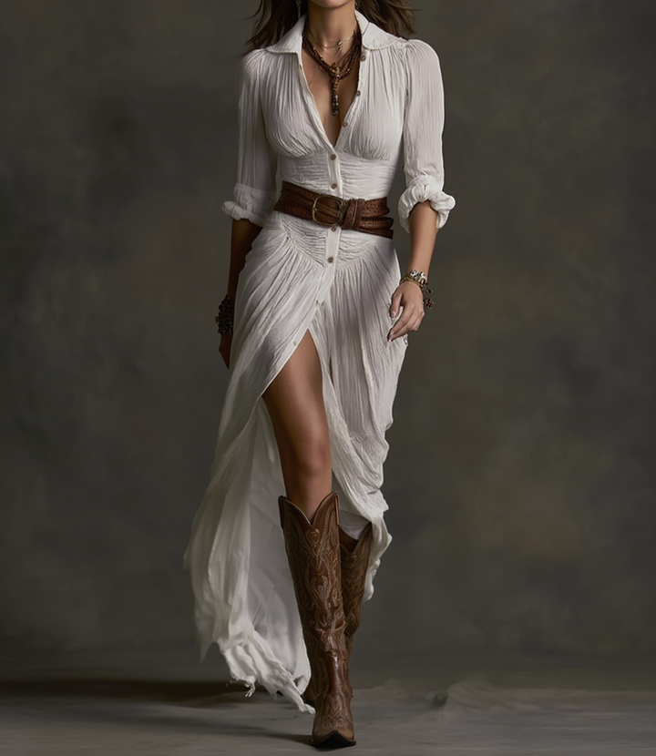 Arianna | Abito lungo in lino con collo invertito