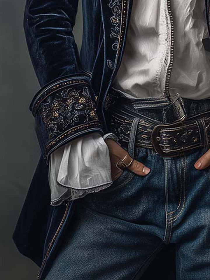 Federica | Giacca Lunga Vintage in Velluto Blu Navy con Ricami