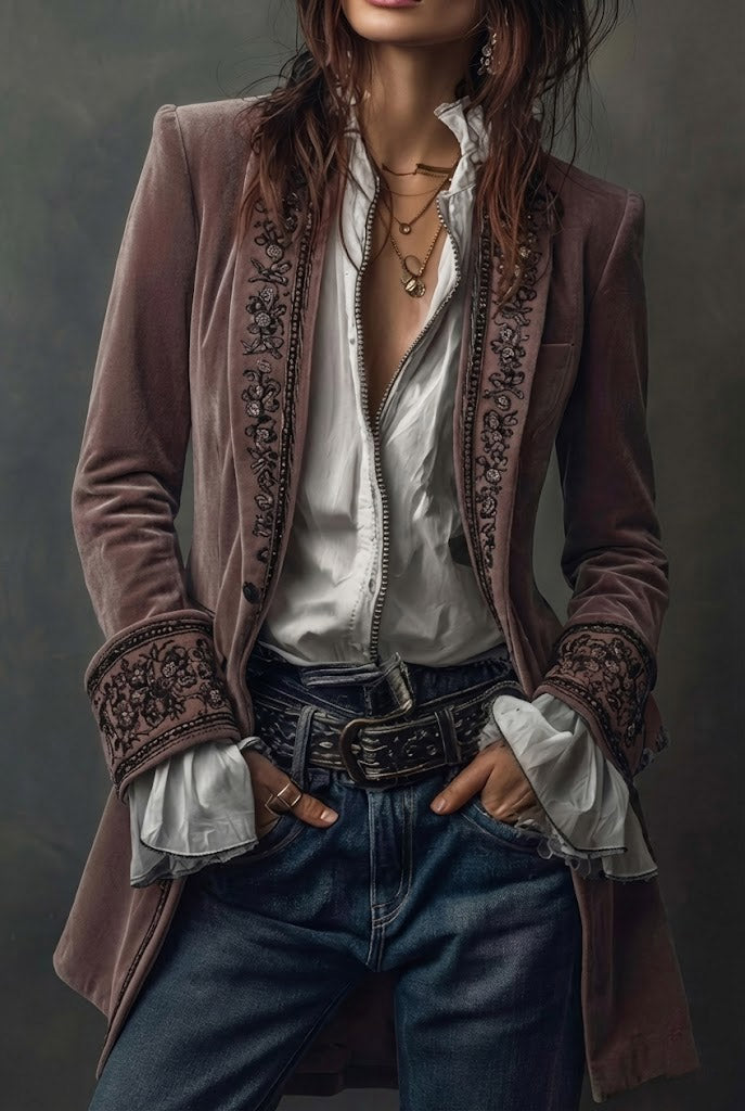 Federica | Giacca Lunga Vintage in Velluto Blu Navy con Ricami