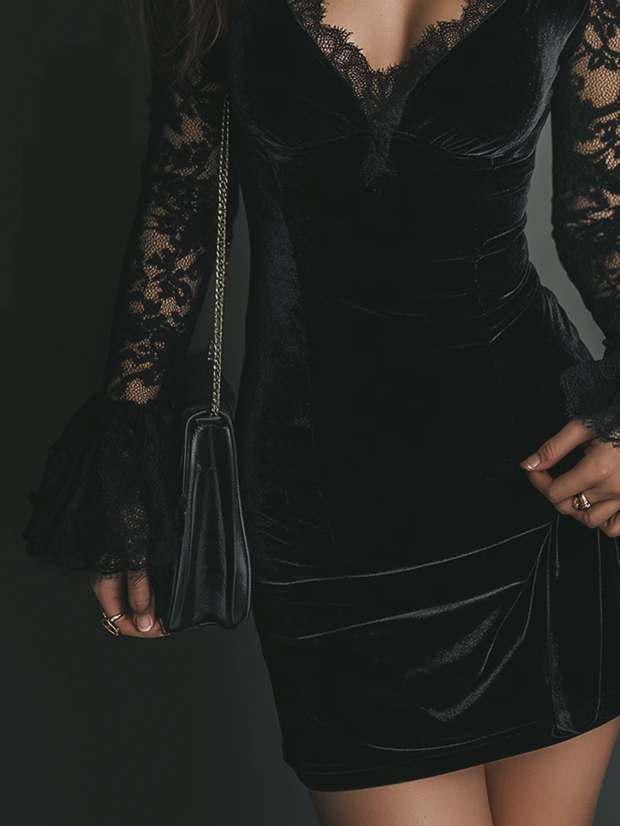 Elena™ | Abito mini in velluto e pizzo