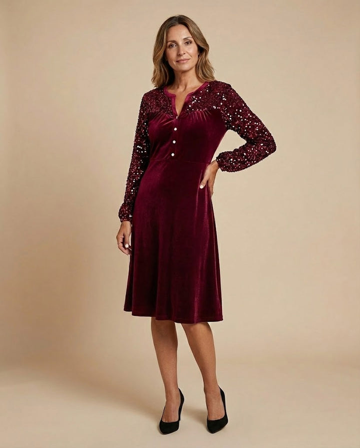 Chiara | Abito Festivo con Velluto Luminoso e Maniche in Paillettes