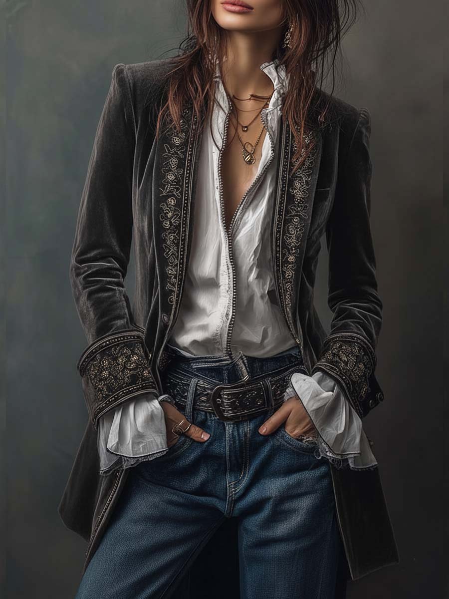 Federica | Giacca Lunga Vintage in Velluto Blu Navy con Ricami